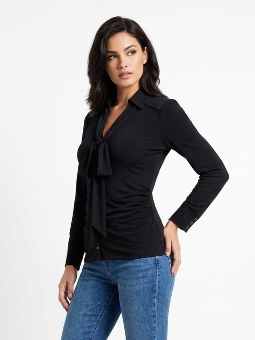 WHBM Point Collar Tie Neck 3/4 Sleeve Black Top XS EUC $78